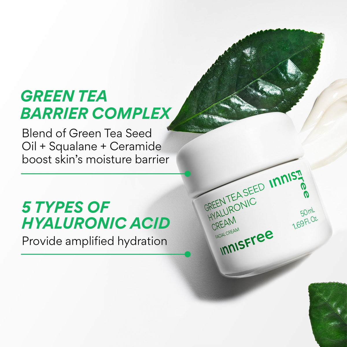 innisfree ingredient label close-up highlighting green tea and hyaluronic benefits