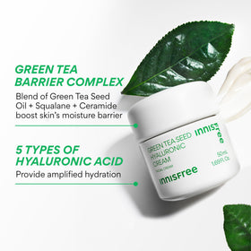 innisfree ingredient label close-up highlighting green tea and hyaluronic benefits