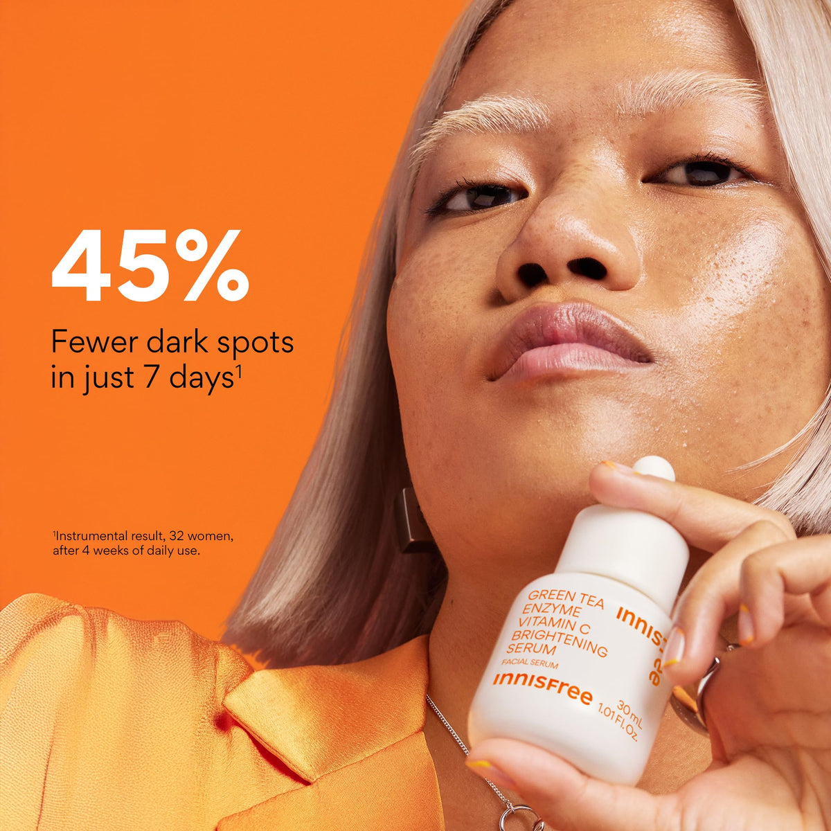 close-up of innisfree ingredients label highlighting Vitamin C and formulation transparency