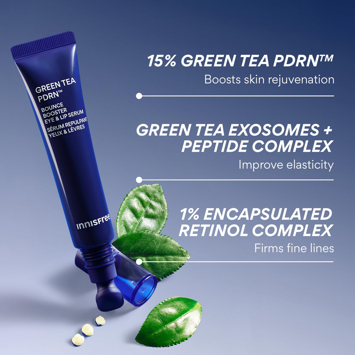innisfree ingredients label detail highlighting Green Tea PDRN and retinol complex benefit