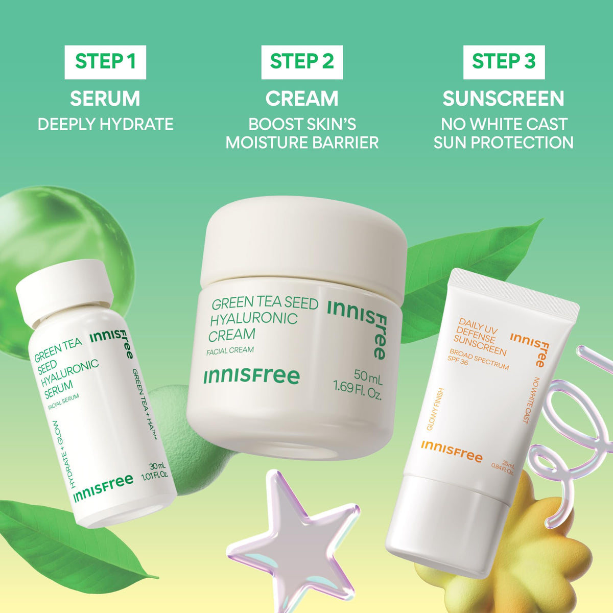innisfree product label listing green tea and hyaluronic acid benefits