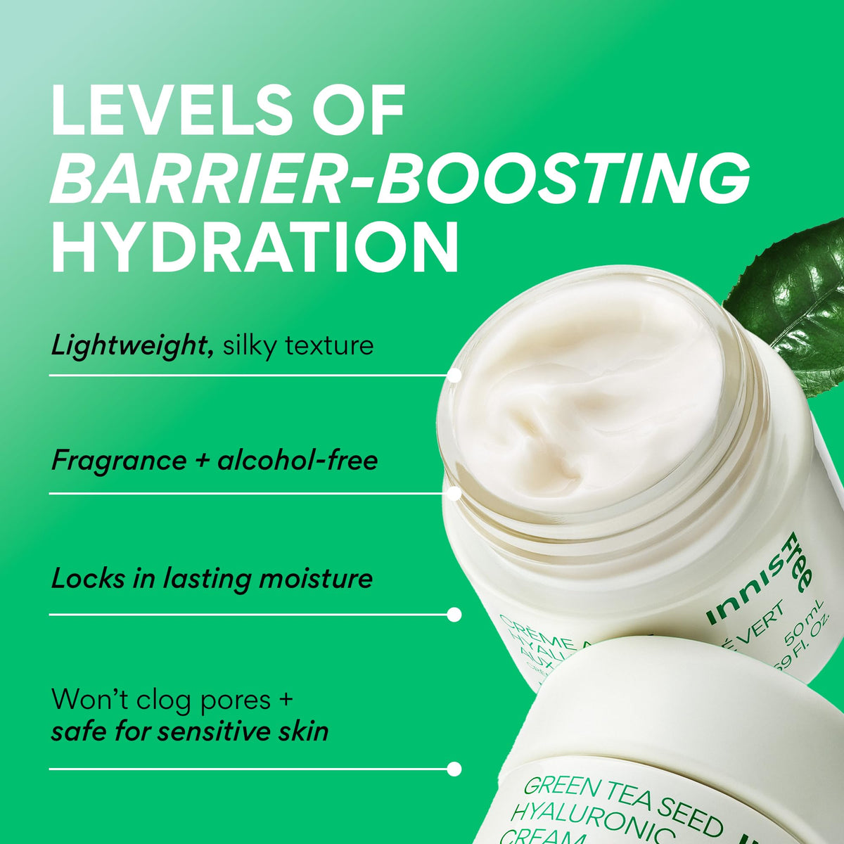 innisfree open cream texture closeup showing silky consistency for fast absorption