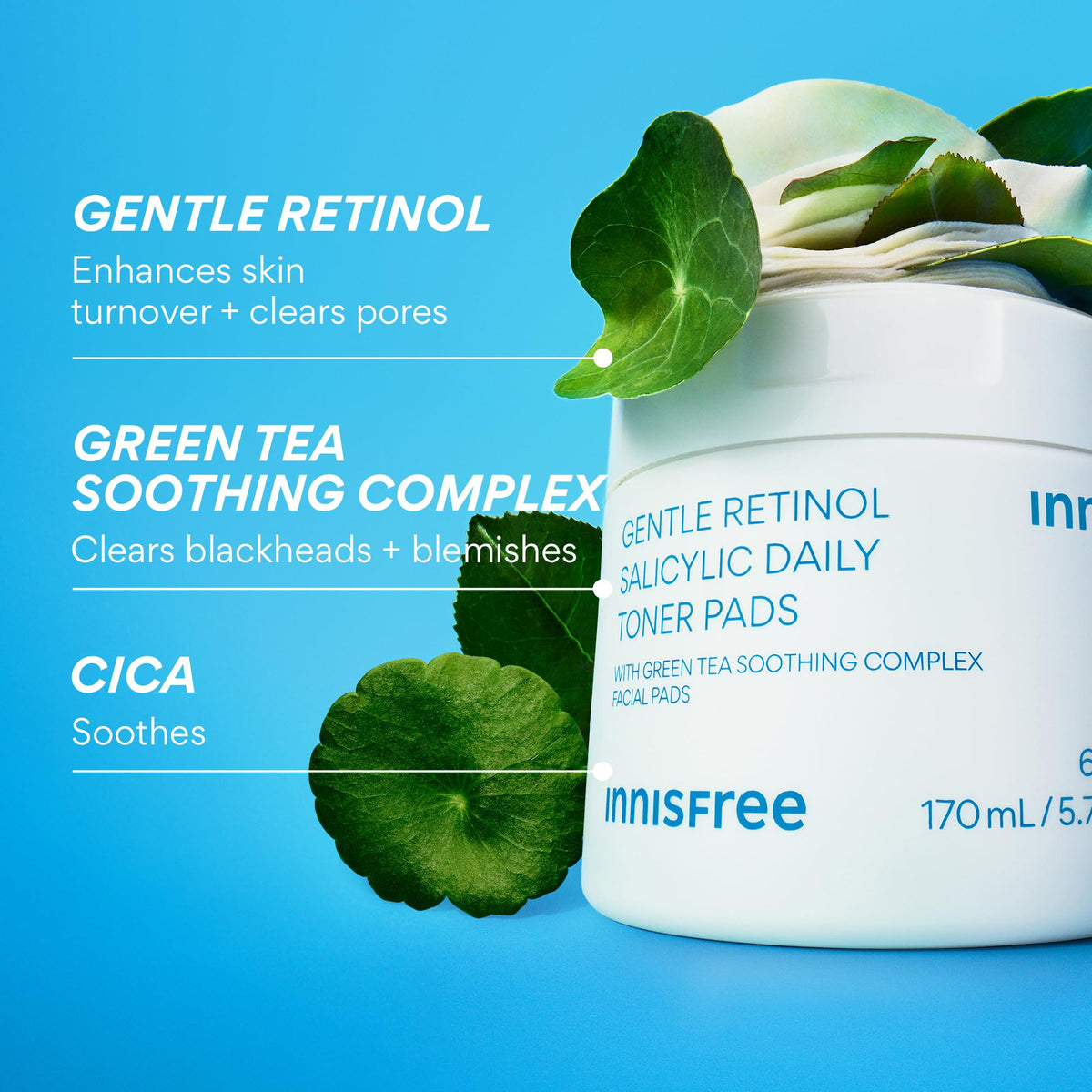 innisfree pad applied to cheek demonstrating calming and soothing benefit