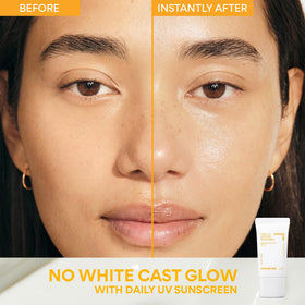 innisfree set in hand for size comparison showing full-size serum and travel sunscreen dimensions