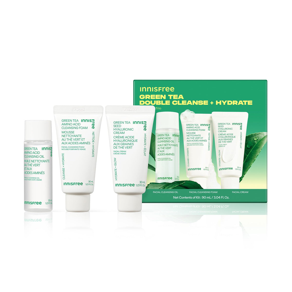 innisfree front packaging shot showing trio set and travel convenience