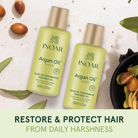 Applying INOAR oil on damp hair to show smoothing and heat protection
