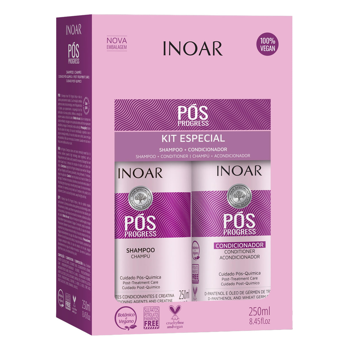 INOAR front packaging showing both 8.45 fl.oz. bottles and kit benefit