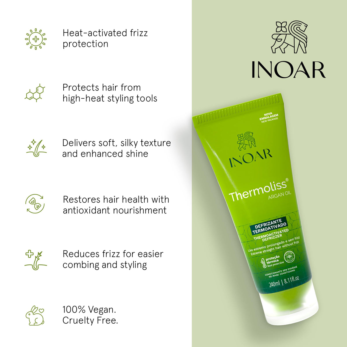 INOAR Thermoliss being applied to damp hair demonstrating heat protection and easier styling