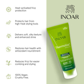 INOAR Thermoliss being applied to damp hair demonstrating heat protection and easier styling
