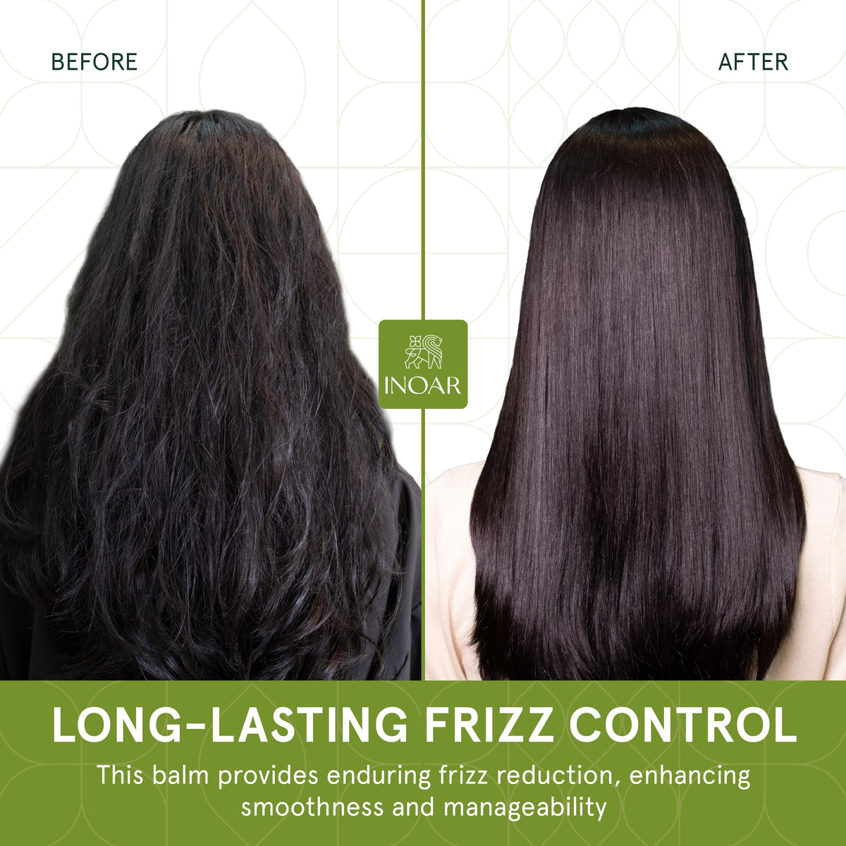 INOAR Thermoliss before and after comparison illustrating reduced frizz and increased shine