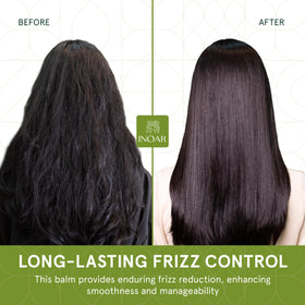 INOAR Thermoliss before and after comparison illustrating reduced frizz and increased shine