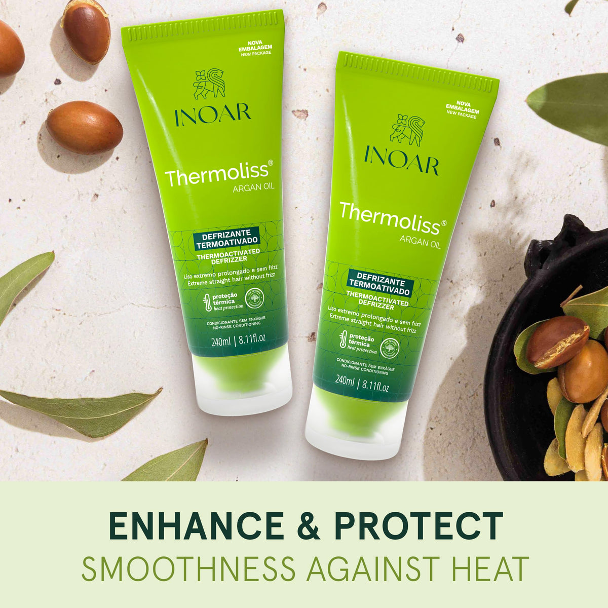INOAR Thermoliss ingredients label highlighting argan oil, amino acids, and provitamin B5 benefits
