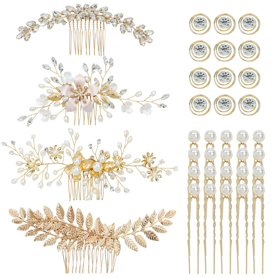 inSowni gold flower leaf side comb front view for elegant hold