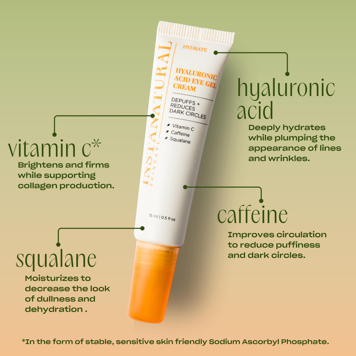 InstaNatural applying eye gel under eye demonstrates reduced puffiness benefit