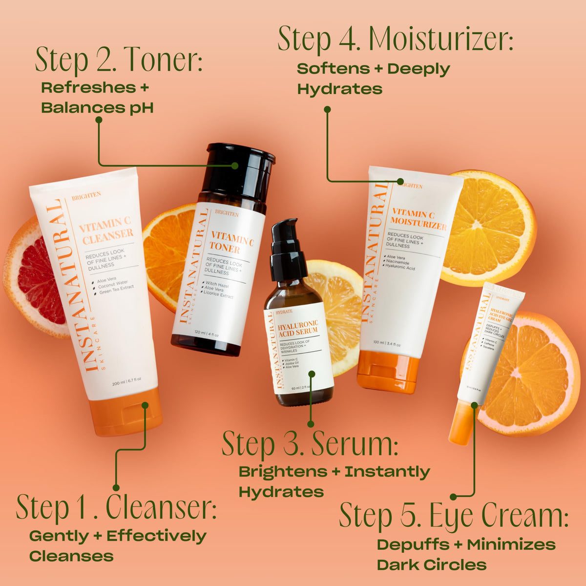 InstaNatural ingredient close-up with hyaluronic acid and vitamin C benefits