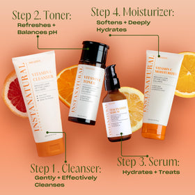InstaNatural bottle staged on a bathroom shelf to convey everyday routine and countertop-ready convenience