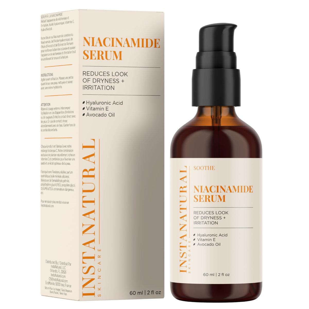 InstaNatural front packaging showing the 2 fl oz serum bottle and branding for clear identification and trust