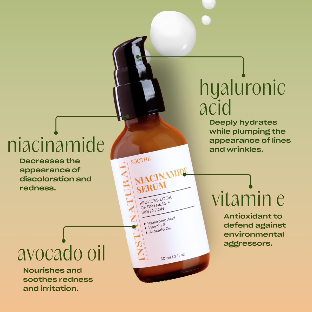 InstaNatural ingredient label close-up displaying niacinamide, hyaluronic acid and vitamin E for ingredient transparency
