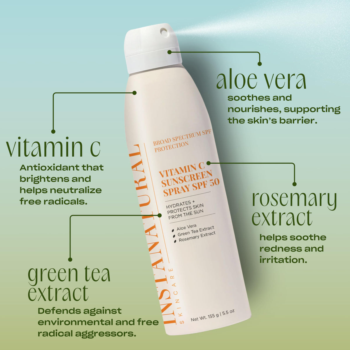 InstaNatural sunscreen sprayed on arm showing clear, non-greasy finish