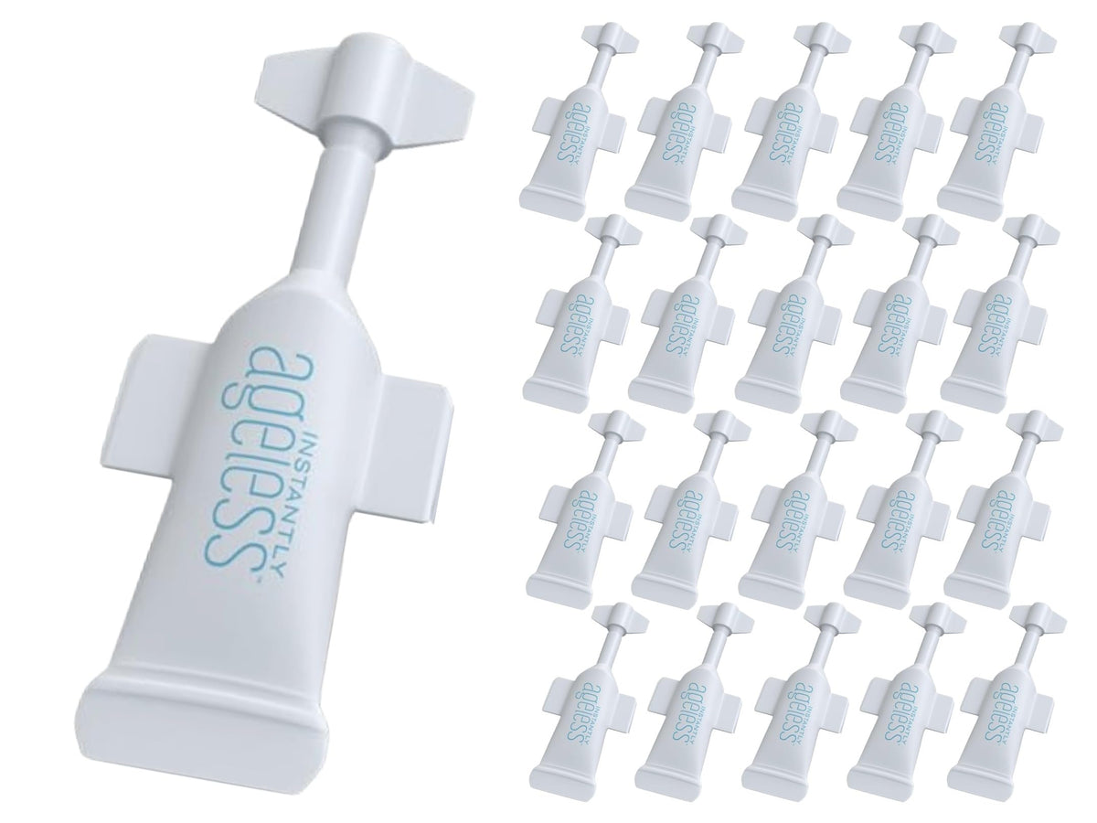Instantly Ageless front packaging showing compact vial box and branding benefit quick use