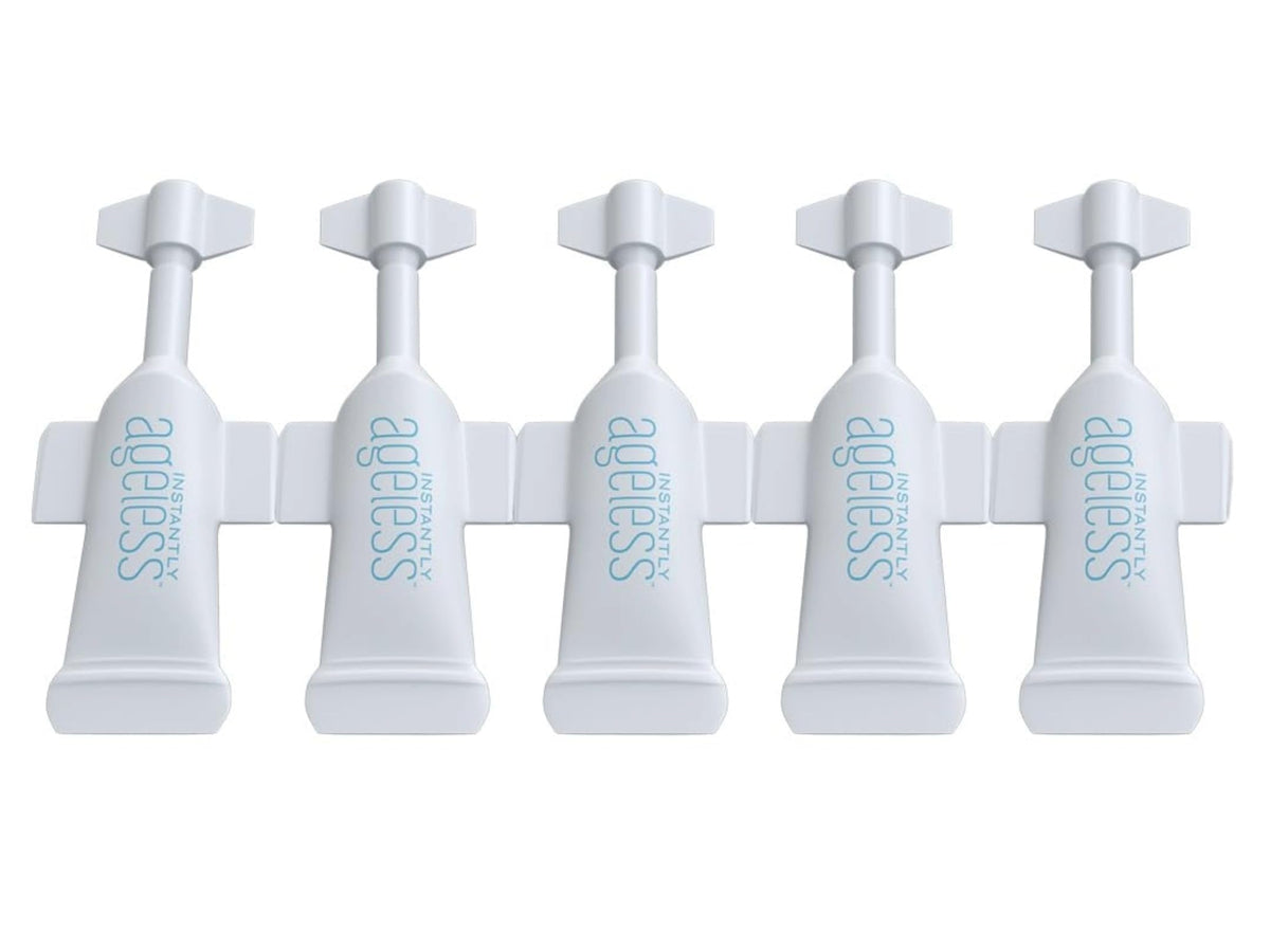 Instantly Ageless front packaging showing five travel-ready vials and box benefits