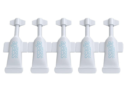 Instantly Ageless front packaging showing five travel-ready vials and box benefits