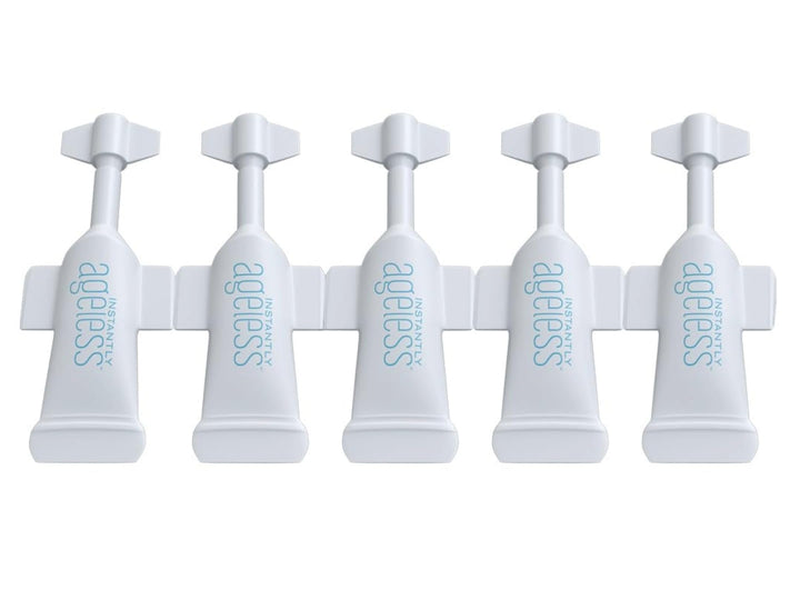 Instantly Ageless front packaging showing five travel-ready vials and box benefits