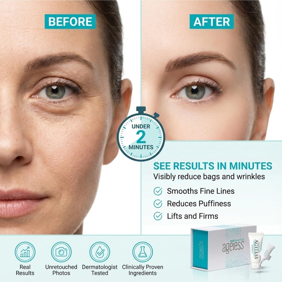 Instantly Ageless open vial texture on fingertip highlighting concentrated smoothing benefit