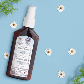 Intea shampoo bottle close-up highlighting chamomile ingredient benefit