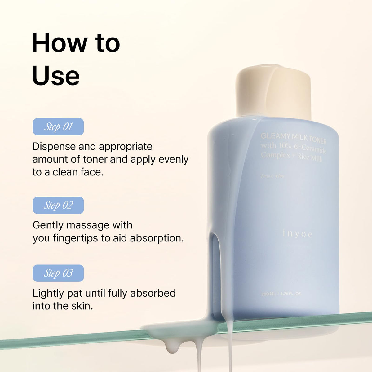inyoe Gleamy Milk Toner styled on bathroom shelf suggesting daily routine compatibility