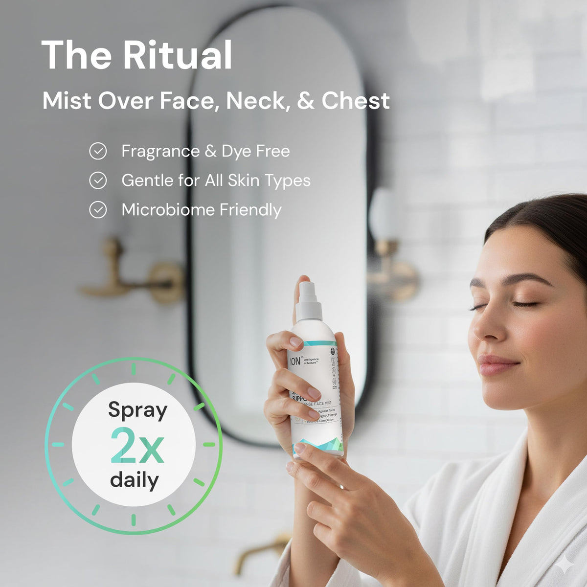 ION* facial spray beside skincare tools in a bathroom routine