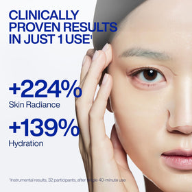 IOPE hydrogel sheet applied to model face for firming effect