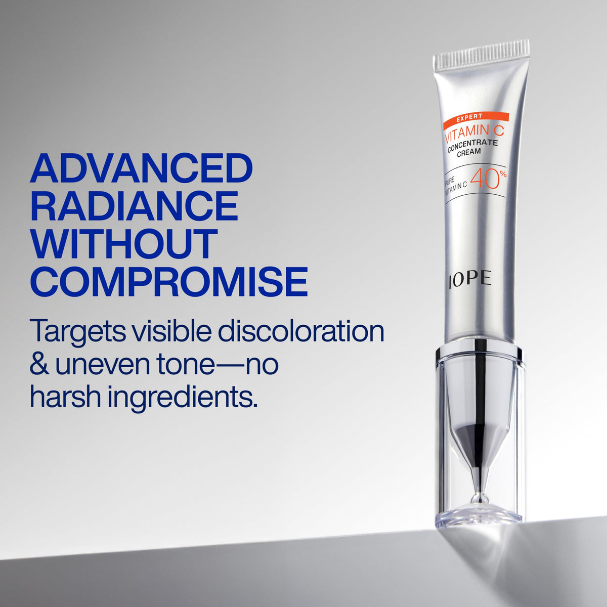 IOPE product label highlighting vitamin C, resveratrol, and NMN for improved radiance