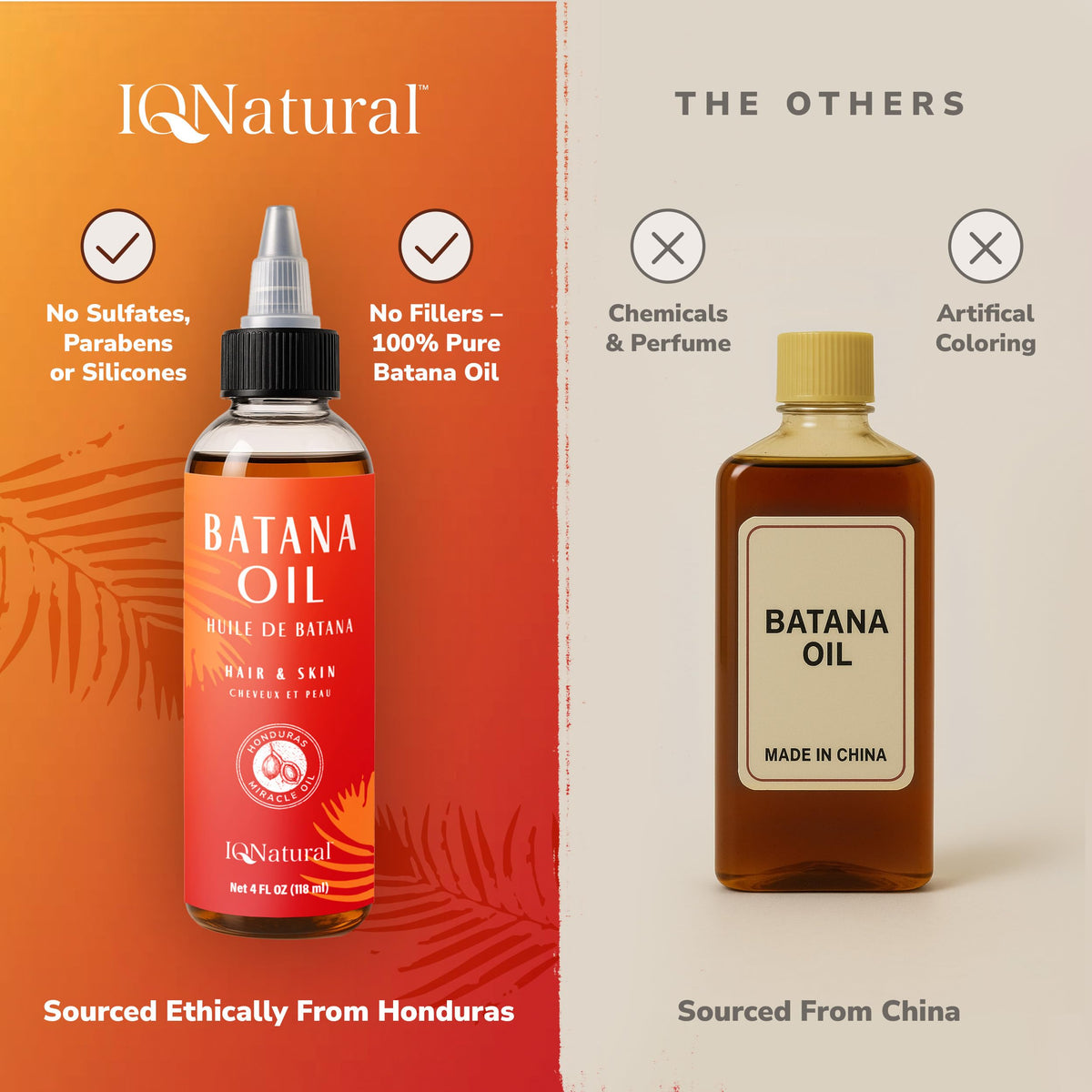 IQNATURAL label closeup listing raw batana and ingredient clarity benefits