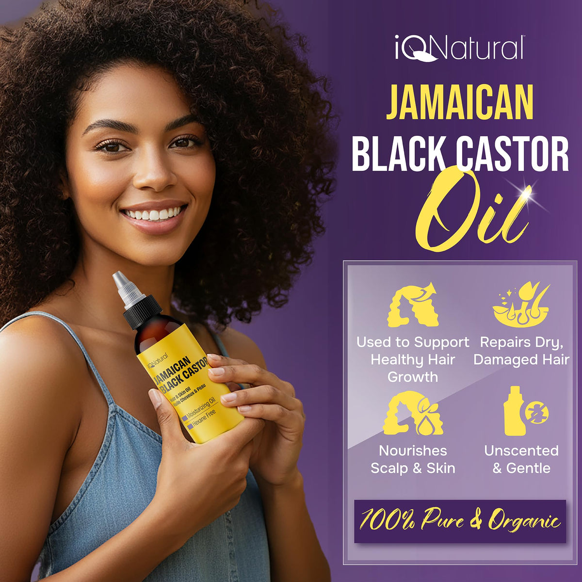 IQNATURAL bottle closeup label highlighting cold-pressed purity benefit