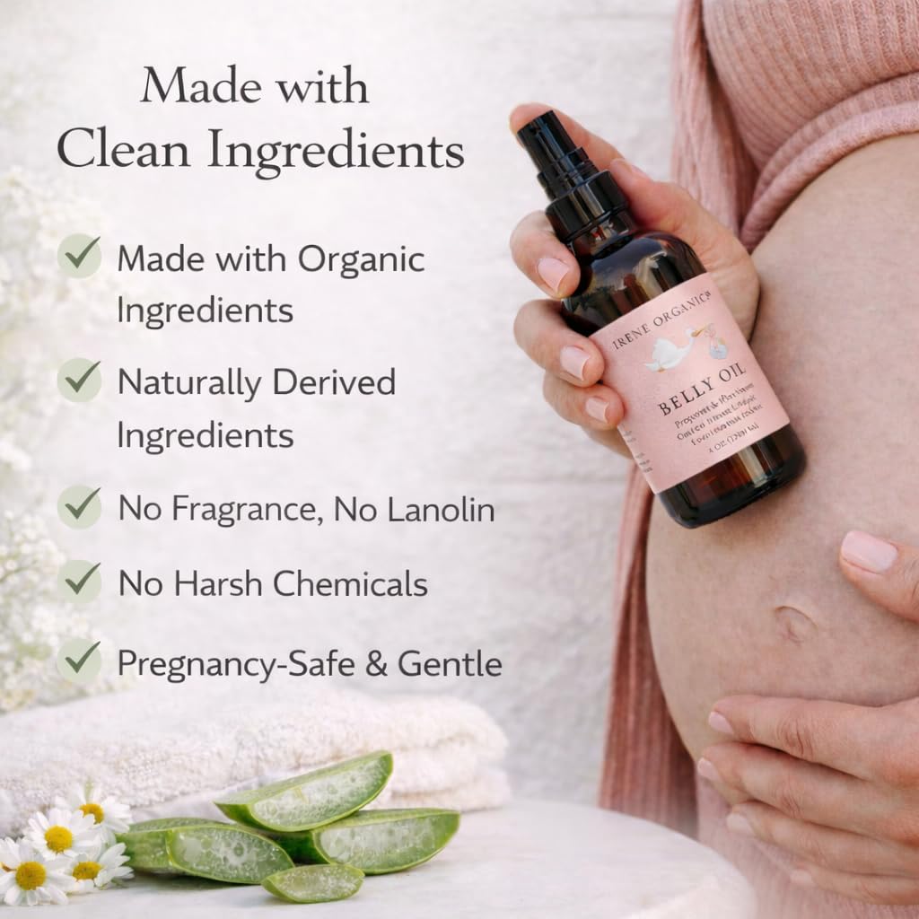 Irene Organics applied to pregnant belly soothing dry skin and itch relief