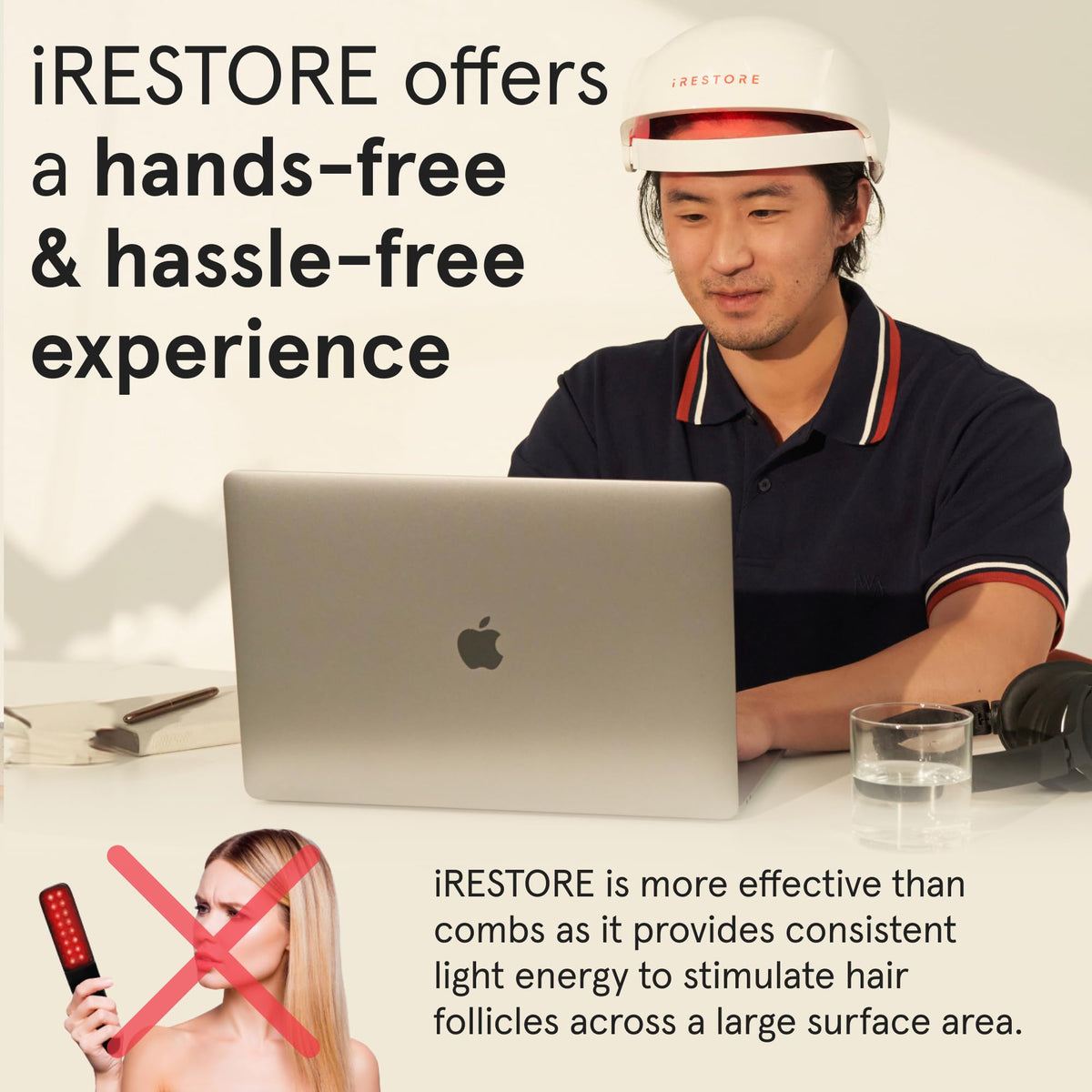 iRestore worn while seated demonstrating hands-free convenience benefit