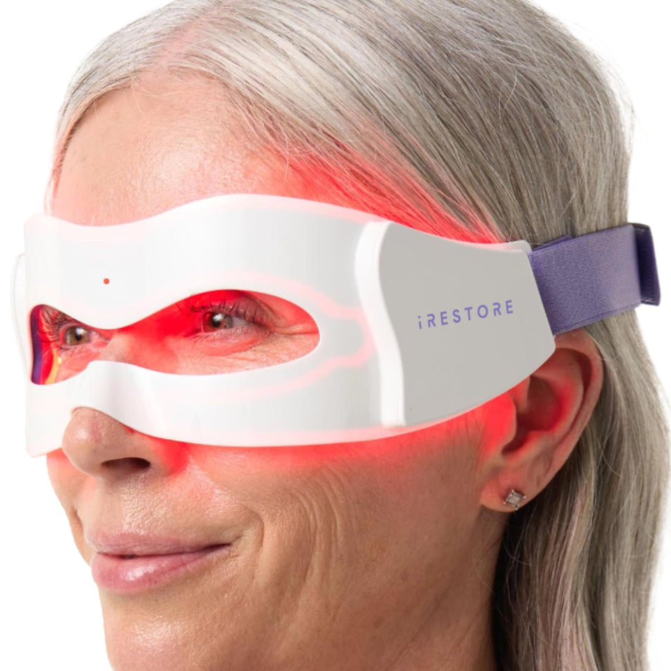 iRestore eye mask front view showing full 180-LED face coverage and comfort