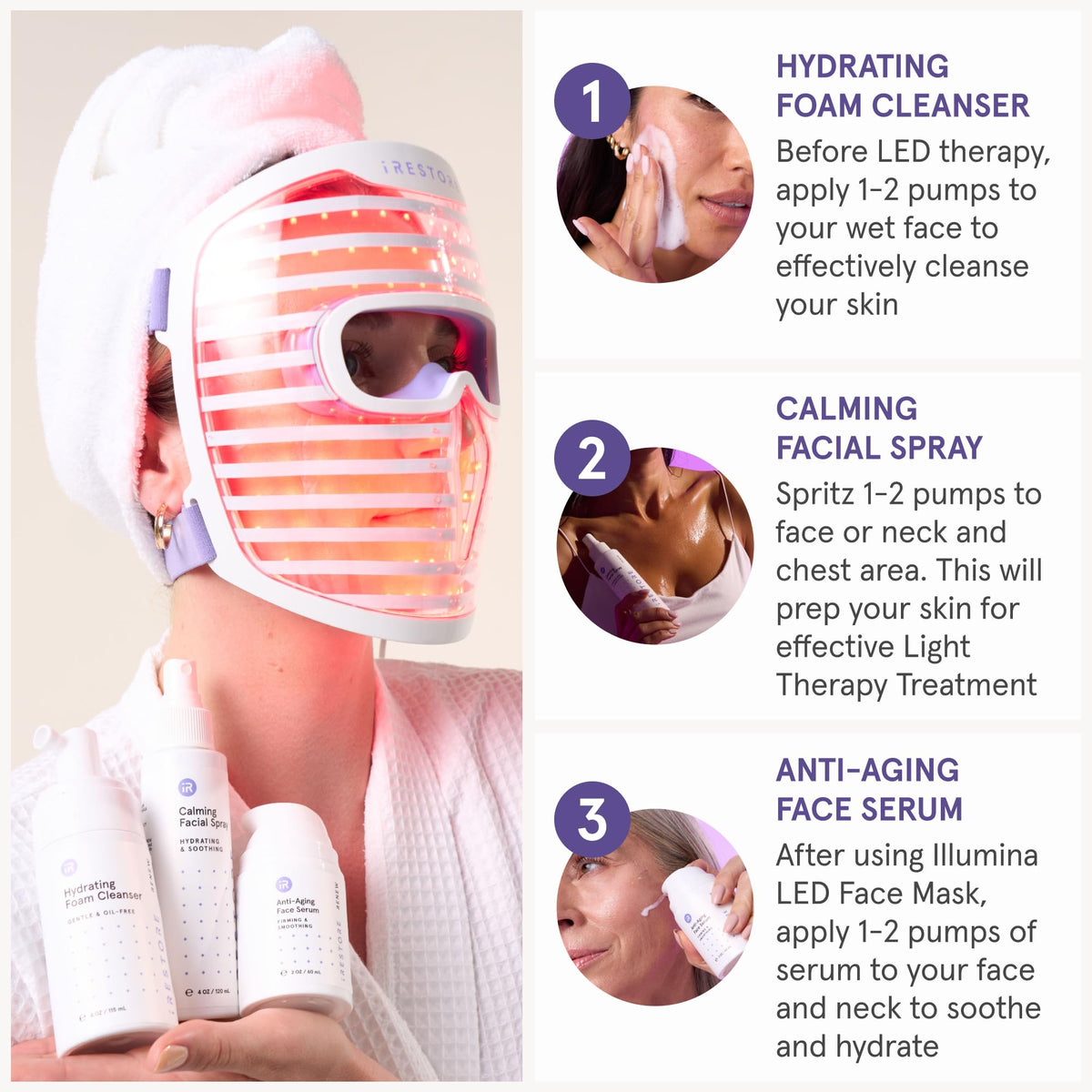 iRestore facial spray mist in mid-air offering quick soothing and calming benefits
