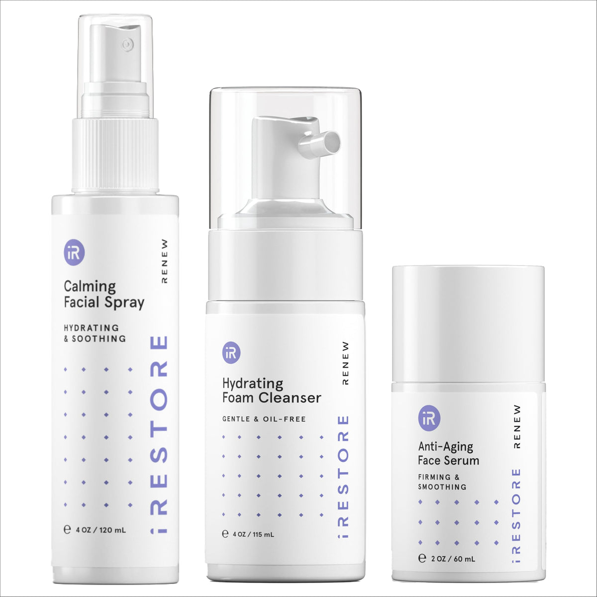 iRestore front packaging of three-step skincare set showing travel-ready bottles and benefits