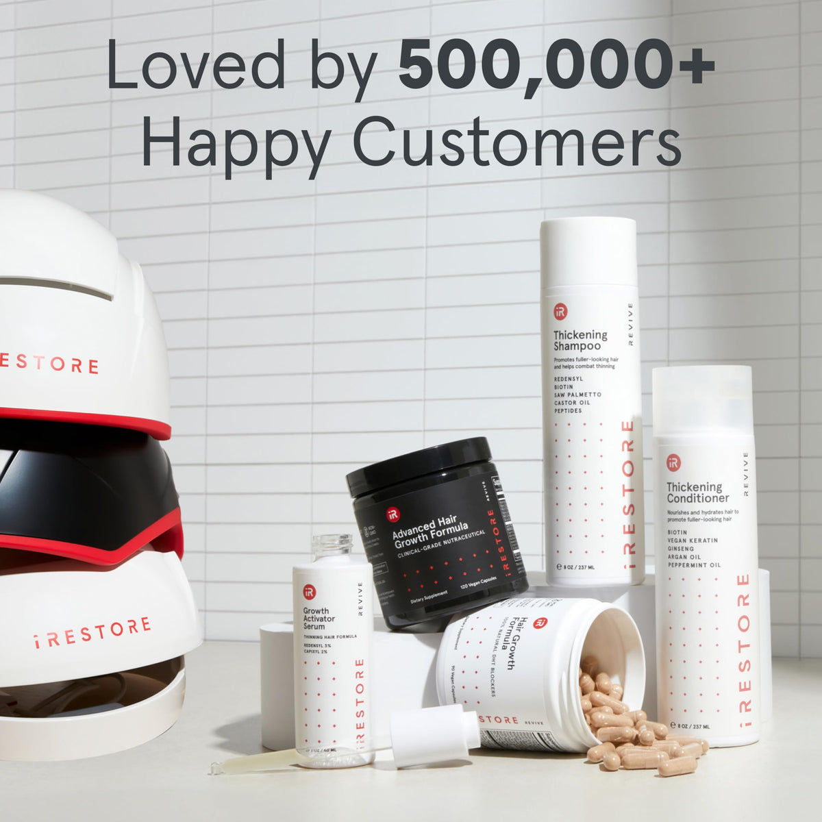 iRestore skincare set displayed next to red light therapy mask for complementary use