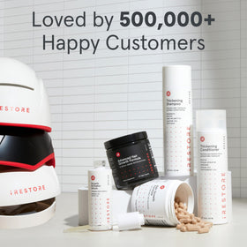iRestore skincare set displayed next to red light therapy mask for complementary use