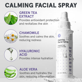 iRestore facial spray being applied to skin for instant hydration and calming effect