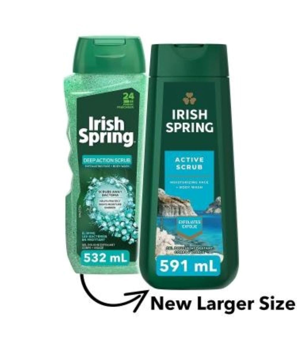 Irish Spring bottle with included loofah demonstrating enhanced exfoliation