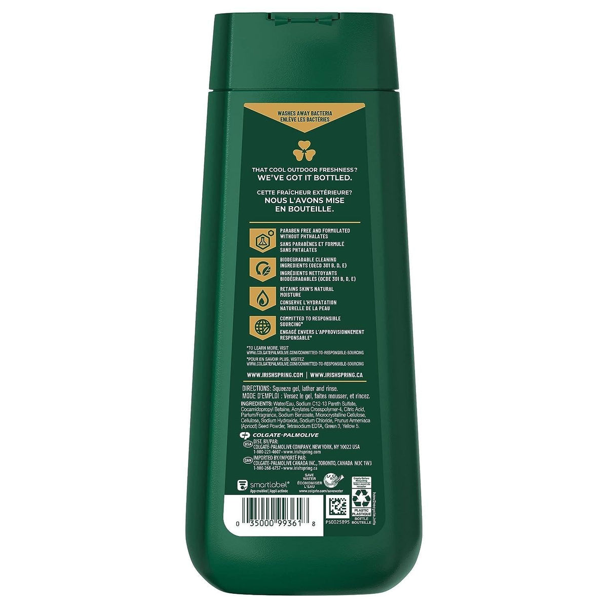 Irish Spring label close-up highlighting scent and scrub features