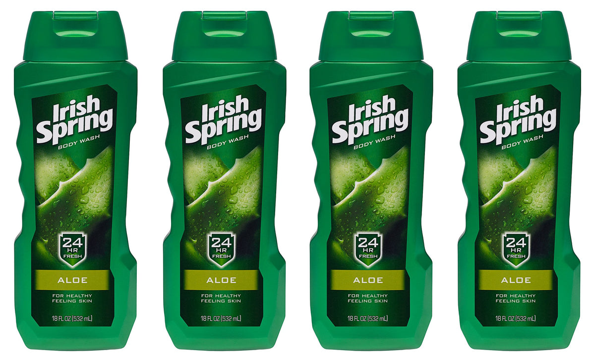Irish Spring aloe front packaging showing four 18 fl oz bottles and branding fresh scent