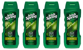 Irish Spring aloe front packaging showing four 18 fl oz bottles and branding fresh scent