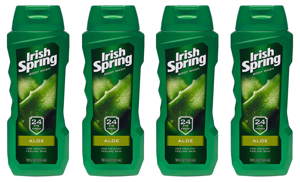 Irish Spring aloe front packaging showing four 18 fl oz bottles and branding fresh scent
