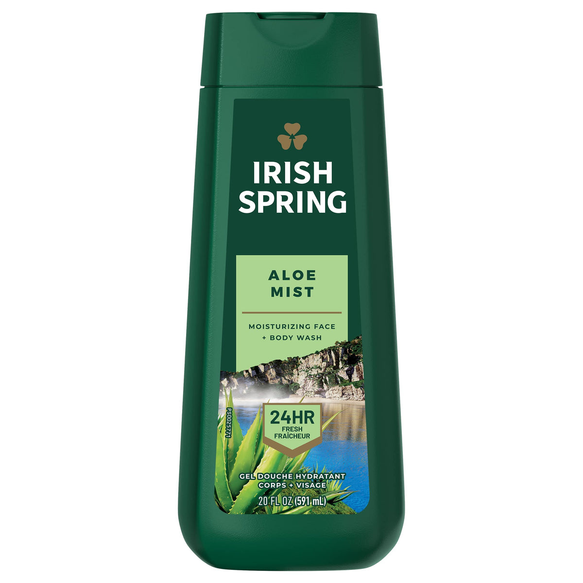 Irish Spring aloe front packaging showing 20 fl oz bottle and fresh scent benefit