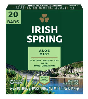 Irish Spring front packaging showing 20-bar bulk pack and fresh scent benefit